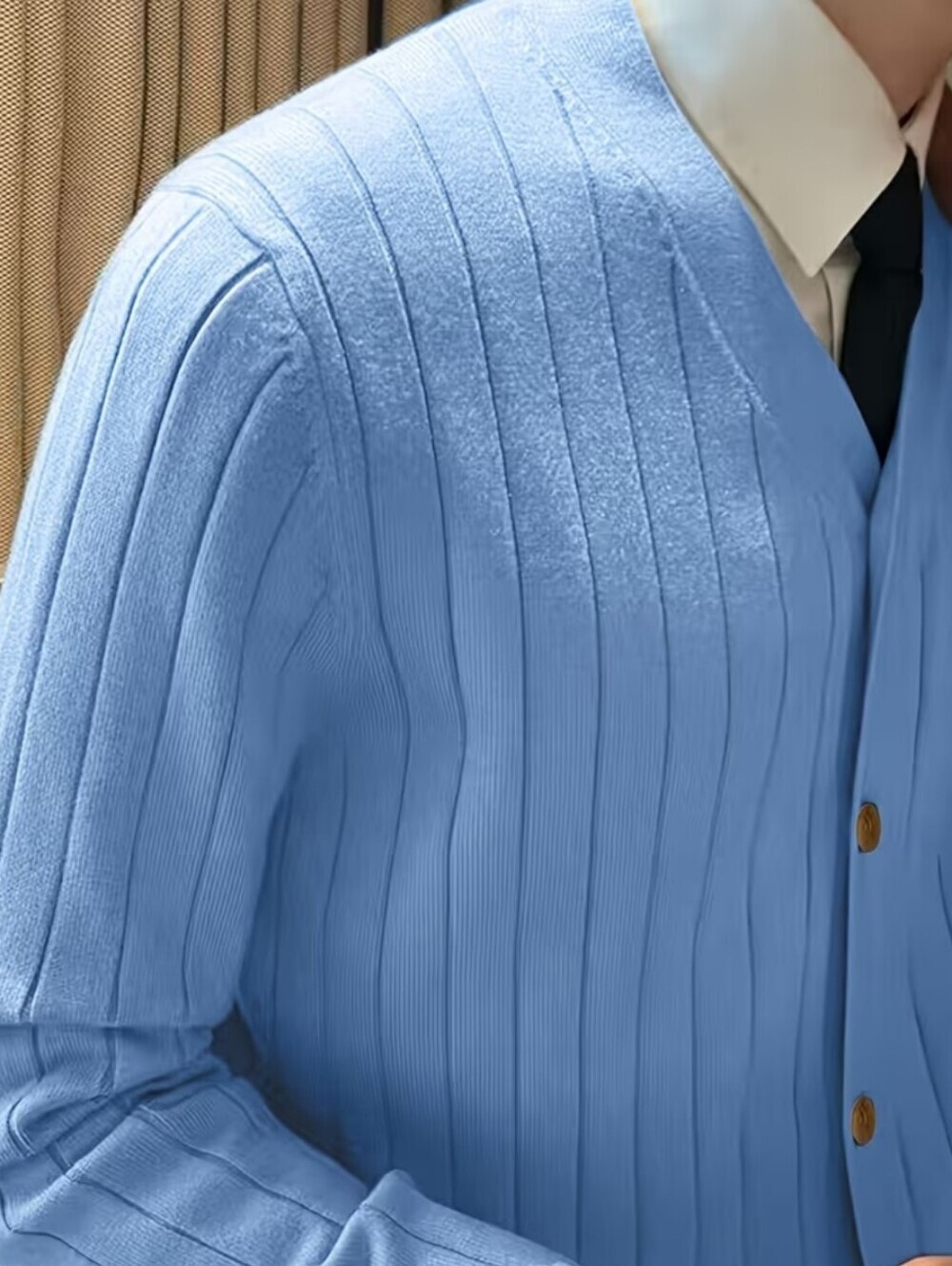 Men's Light Blue Ribbed Button Cardigan Sweater - Picture 5 of 7